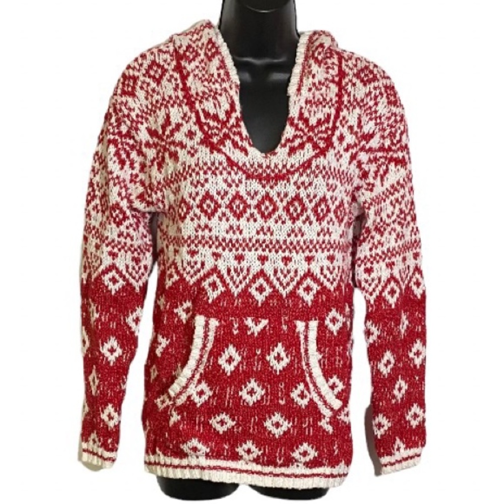 Hippie Rose Sweater Fair Isle Hoodie Red and White Snowflake Print Size Small